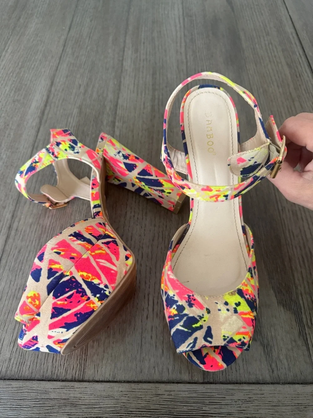 BAMBOO Neon Splatter Platform Sandals - Pink, Navy, Yellow, Cream - Picture 2 of 9